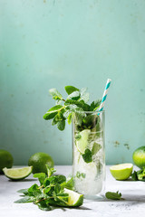 Glass of classic mojito cocktail with fresh mint, limes, crushed ice, retro cocktail tubes with...