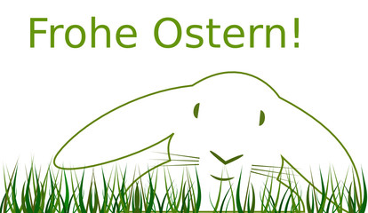 Kaninchenkopf hinter Gras mit Frohe Ostern Text in grün vor weissem Hintergrund