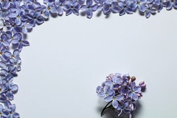 Frame / greeting card of small lilac petals on white table