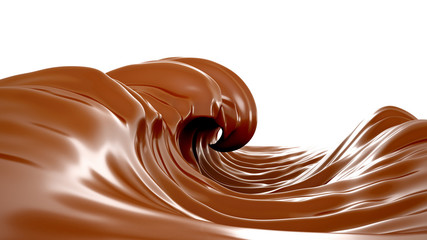 The sea of chocolate. A splash of chocolate on a white background, isolated. Wave, flow, liquid, clipping path. 3d ..illustration, 3d rendering.