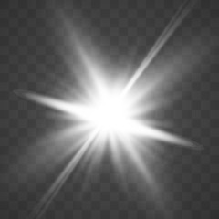 White glowing light burst explosion with Lens flares effect sparkles decoration. Isolated on transparent background.