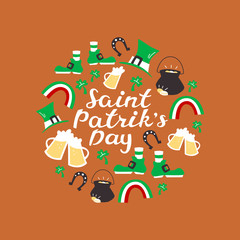 Happy St. Patrick's Day. Round Composition with Hand Lettering and Doodle Elements.