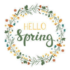 Hello Spring Greeting Card. Flower Wreath and Lettering.