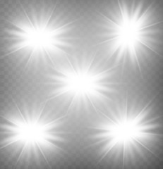 White glowing light burst explosion with transparent effect. Vector illustration.