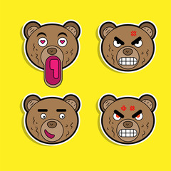 Brown bears with different facial expressions color sticker set