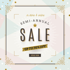 Retro style Sale banner with ornamental flourishes frame and glitter gold elements. Vector illustration.