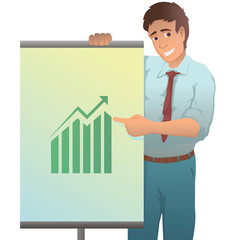 Confident young man standing near flip chart and pointing