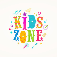 Kids zone logo. Vector emblem for children's play area. Multicolored type design with abstract shapes.