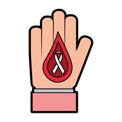 hand with drop blood and ribbon medical vector illustration