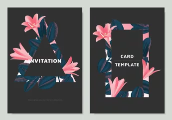 Fotobehang Pink rain lilies and Ficus Elastica leaves with rectangle and triangle frame on dark background, invitation card template design © momosama