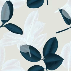 Muurstickers Seamless pattern, dark green and white Ficus Elastica leaves on light pink background © momosama