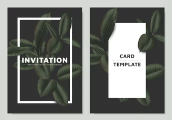 Fotobehang Dark matte green Ficus Elastica leaves with white frame on dark background, invitation card template design © momosama