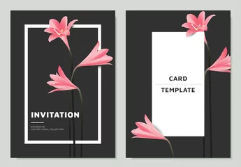 Gardinen Pink rain lilies flowers with white frame on dark background, invitation card template design © momosama