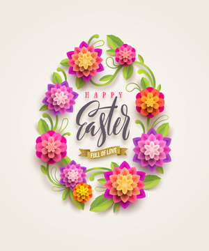 Easter greeting card - Easter egg-shaped floral frame with brush calligraphy greeting. Vector illustration.
