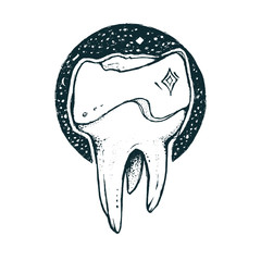 Beautiful hand drawn illustration with tooth on a white background. Graphic style. It can be used for posters, signboard in a clinics, use for tattoo and for other purposes.