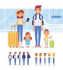 Happy Family travel together. Parents with children at the airport. Flat Vector illustration. 