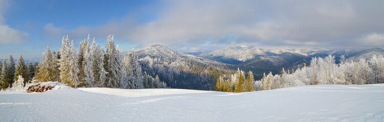 Fototapeta na wymiar Panoramic view of Carpathian mountains in winter season
