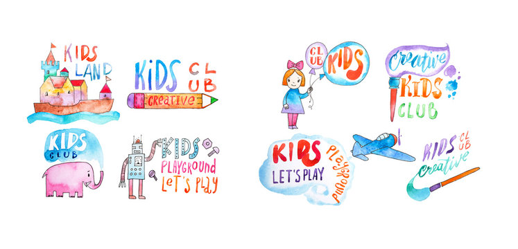 Watercolor set of kids club and playground logos. Hand-drawn collection of promotional symbols with calligraphic letterings for children entertaining center