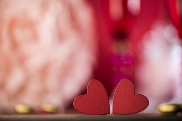 Happy valentine day hearts on wooden background, greeting card love concept