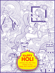 Happy Holi Doodle Background for Festival of Colors celebration greetings