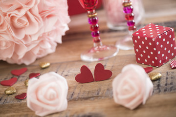 Happy valentine day hearts on wooden background, greeting card love concept