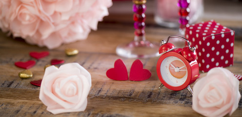 Happy valentine day hearts on wooden background, greeting card love concept