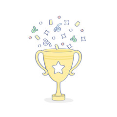 Championship Winner Cup Trophy with confetti, reward, first place award best results, champion symbol, top success concept, competition reward, game victory outline vector icon illustration.