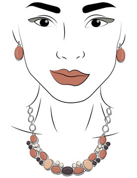A girl in jewels. Silver necklace and earrings with pink, gray and pale pink stones eps 10 illustration