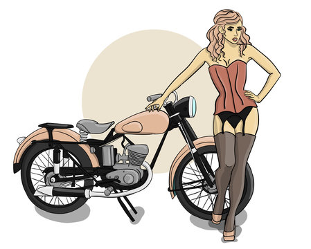 A girl with pale pink curly hair dressed in a pink corset, gray underwear and stockings stands next to a pale pink motorcycle eps 10 illustration