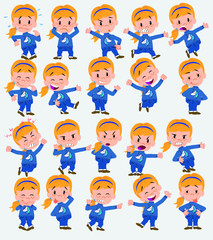 Cartoon character white girl. Set with different postures, attitudes and poses, doing different activities in isolated vector illustrations.