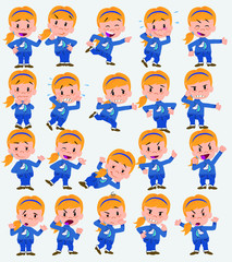 Cartoon character white girl. Set with different postures, attitudes and poses, doing different activities in isolated vector illustrations.