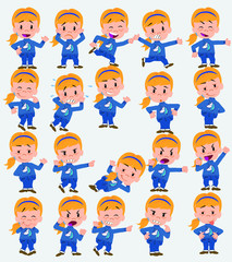 Cartoon character white girl. Set with different postures, attitudes and poses, doing different activities in isolated vector illustrations.