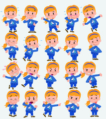 Cartoon character white girl. Set with different postures, attitudes and poses, doing different activities in isolated vector illustrations.