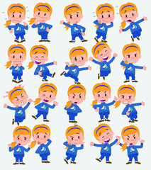 Cartoon character white girl. Set with different postures, attitudes and poses, doing different activities in isolated vector illustrations.