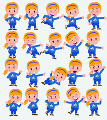 Cartoon character white girl. Set with different postures, attitudes and poses, doing different activities in isolated vector illustrations.