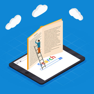 Online education isometric icons composition with laptop book smartphone electronic library and cloud computing conceptual images