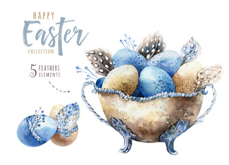 Watercolor happy easter vase illustration with flowers, feathers and eggs. Spring holiday decoration. April boho design.