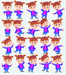 Cartoon character white girl. Set with different postures, attitudes and poses, doing different activities in isolated vector illustrations.