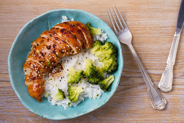 Chicken breast in balsamic vinegar and brown sugar sauce sprinkled with sesame seeds. Chicken with...