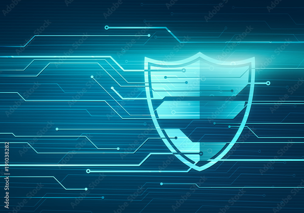 Poster abstract digital concept illustration of internet data security and safety with shield on circuit mi