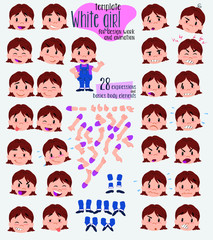 White girl. Twenty eight expressions and basics body elements, template for design work and animation. Vector illustration to Isolated and funny cartoon character.