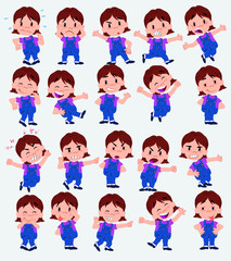 Cartoon character white girl. Set with different postures, attitudes and poses, doing different activities in isolated vector illustrations.