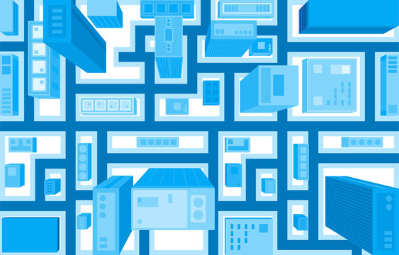 Flat style vector illustration of aerial birds eye view of city with buildings and houses detailed view of city from above.