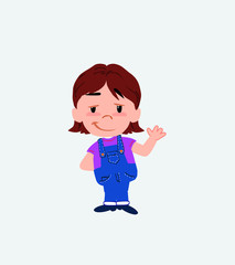 White girl waving with a dreamy expression.