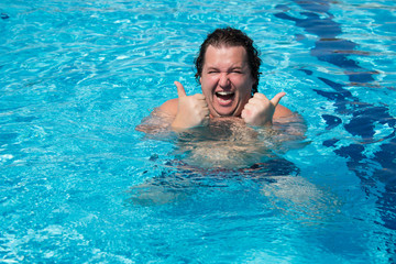 Vacation. Funny fat guy and pool. 