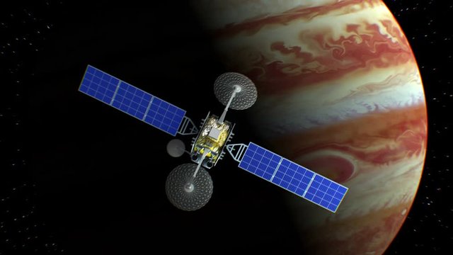 Jupiter on background, fictional observation satellite flies past, 3d animation. Texture of the Planet was created in the graphic editor without photos and other images.