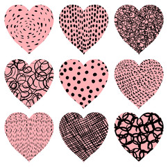 Cute pink vector hearts with texture for Valentine's day for greeting cards and invitations