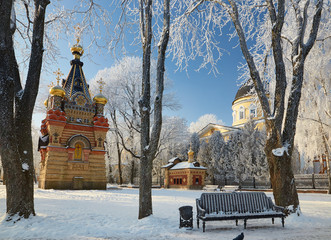 GOMEL, BELARUS - JANUARY 23, 2018: Peter and Paul Cathedral in the city park in icy frost.