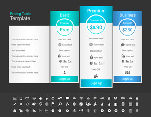 Pricing table with 3 plans and one recommended. Blue header colour scheme and dark background