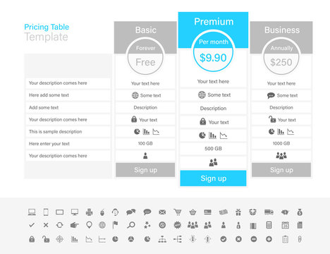 Pricing table with 3 plans and one recommended. Light grey and light blue colour scheme.